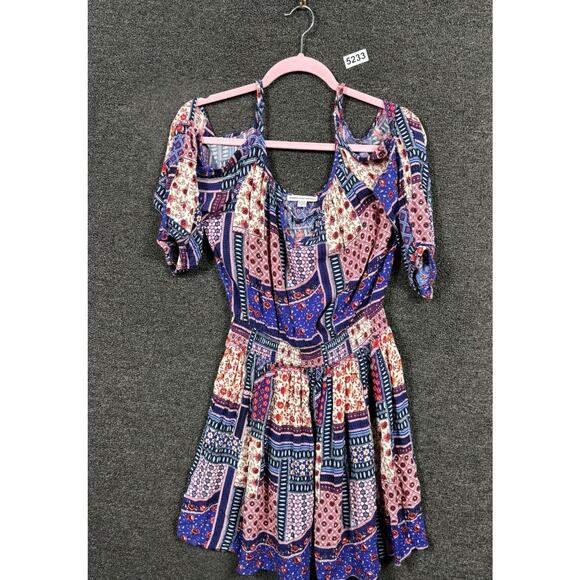 American Eagle Outfitters Dresses & Skirts - American Eagle Mini Dress Size M Patchwork Multicolor Cold Shoulder Keyhole Neck